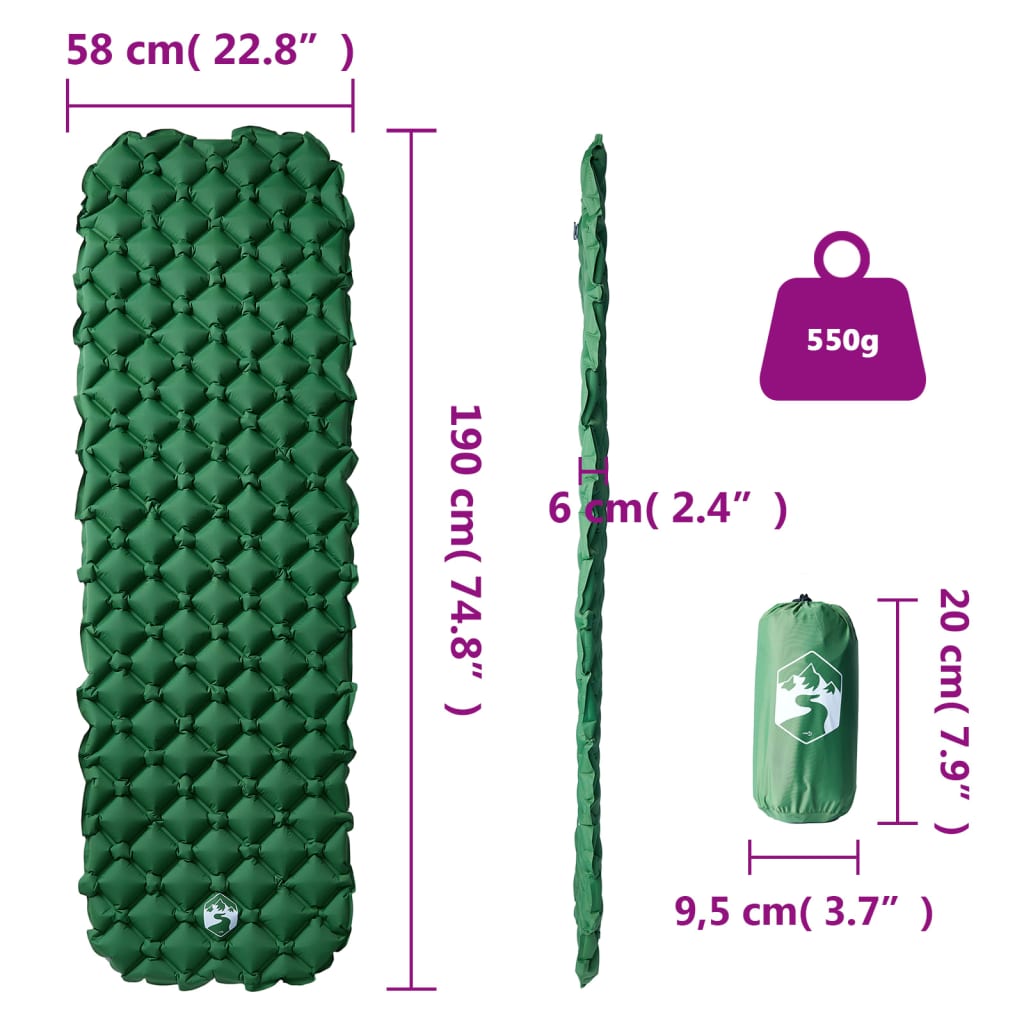 Nafukovací kempingová matrace pro 1 osobu zelená 190x58x6 cm
