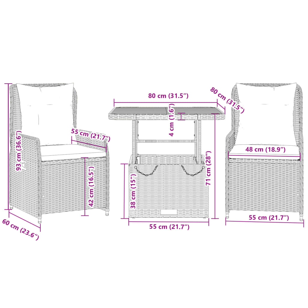 3Dílný Bistro Set S Poduškami Šedý Polyratan