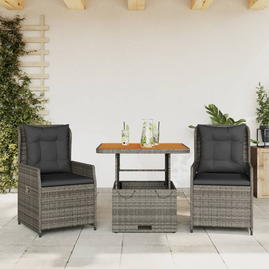 3Dílný Bistro Set S Poduškami Šedý Polyratan