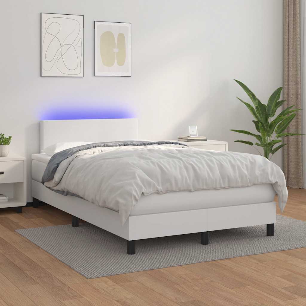 Box Spring Postel S Matrací A Led Umělá Kůže Bílá