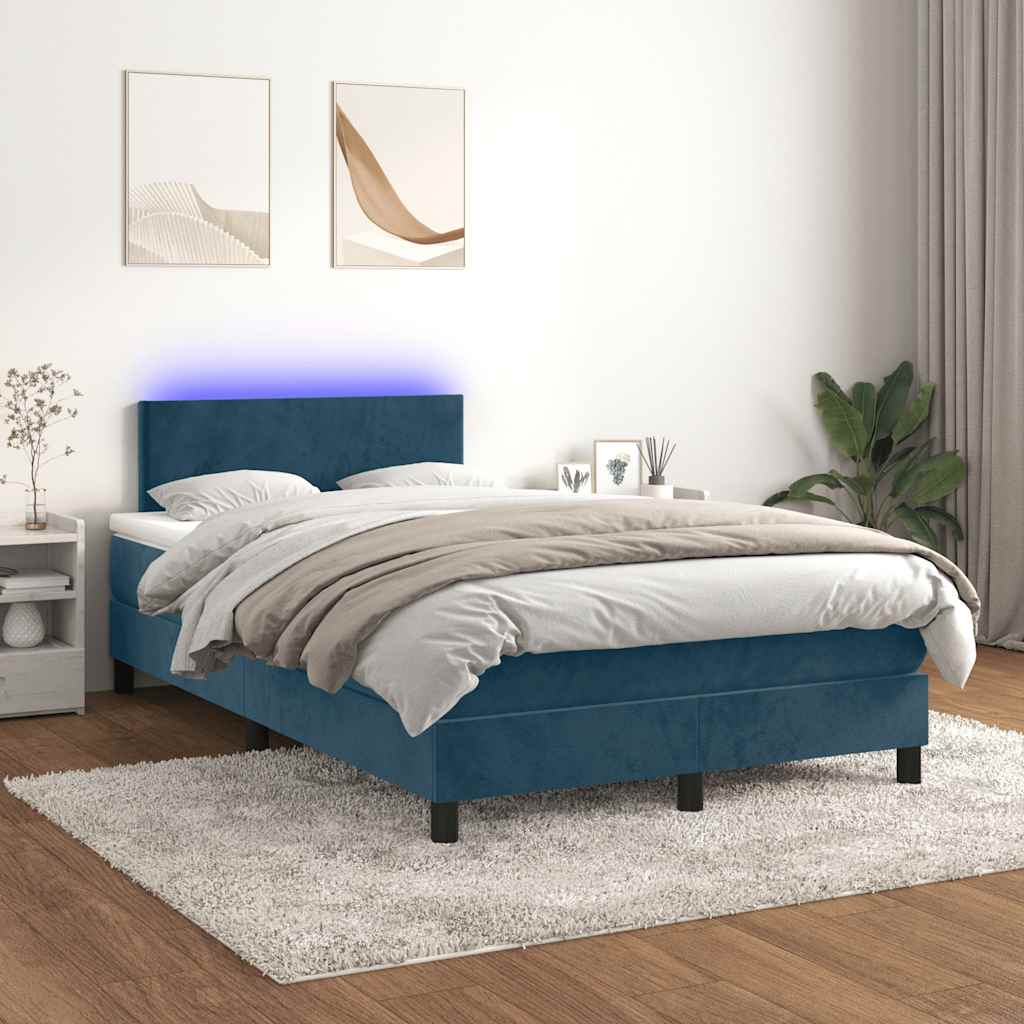 Box Spring Postel S Matrací A Led Tmavě Modrá 120X190 Cm Samet