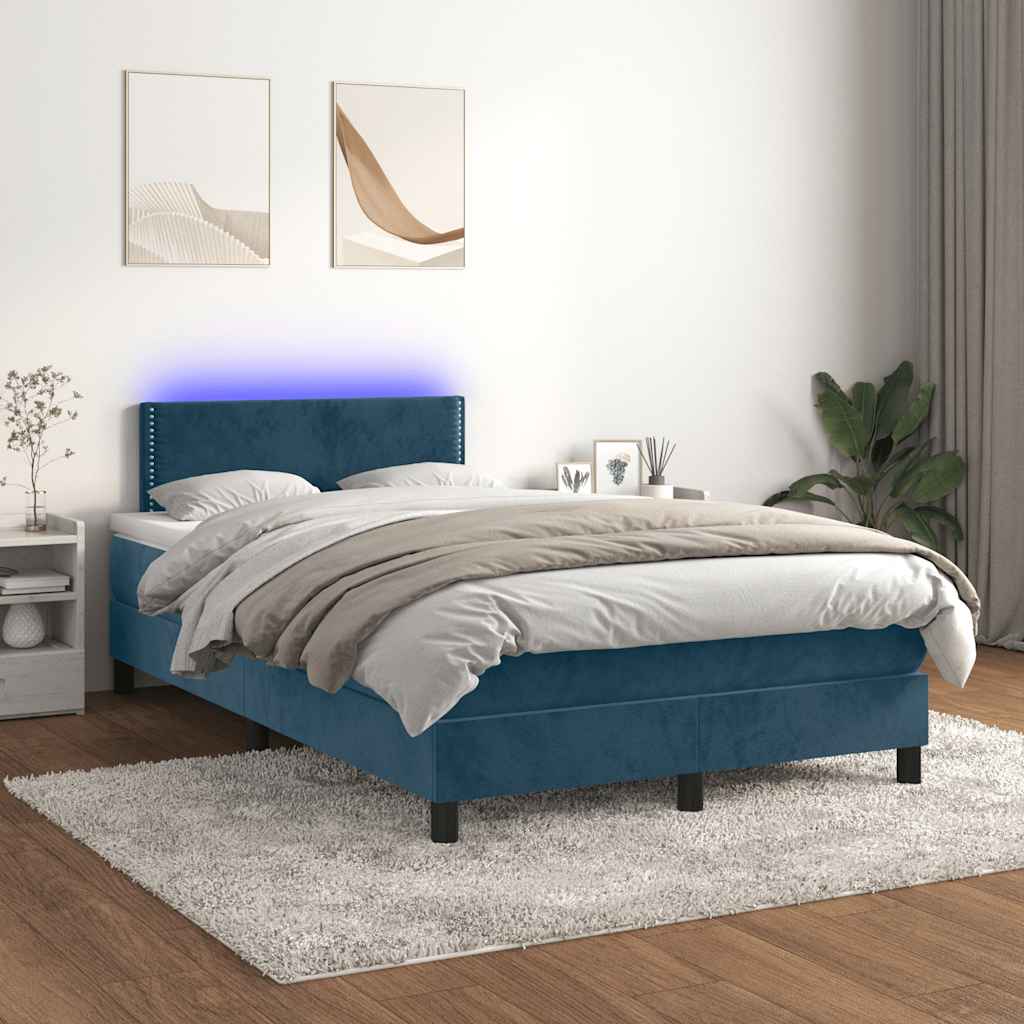 Box Spring Postel S Matrací A Led Tmavě Modrá 120X190 Cm Samet