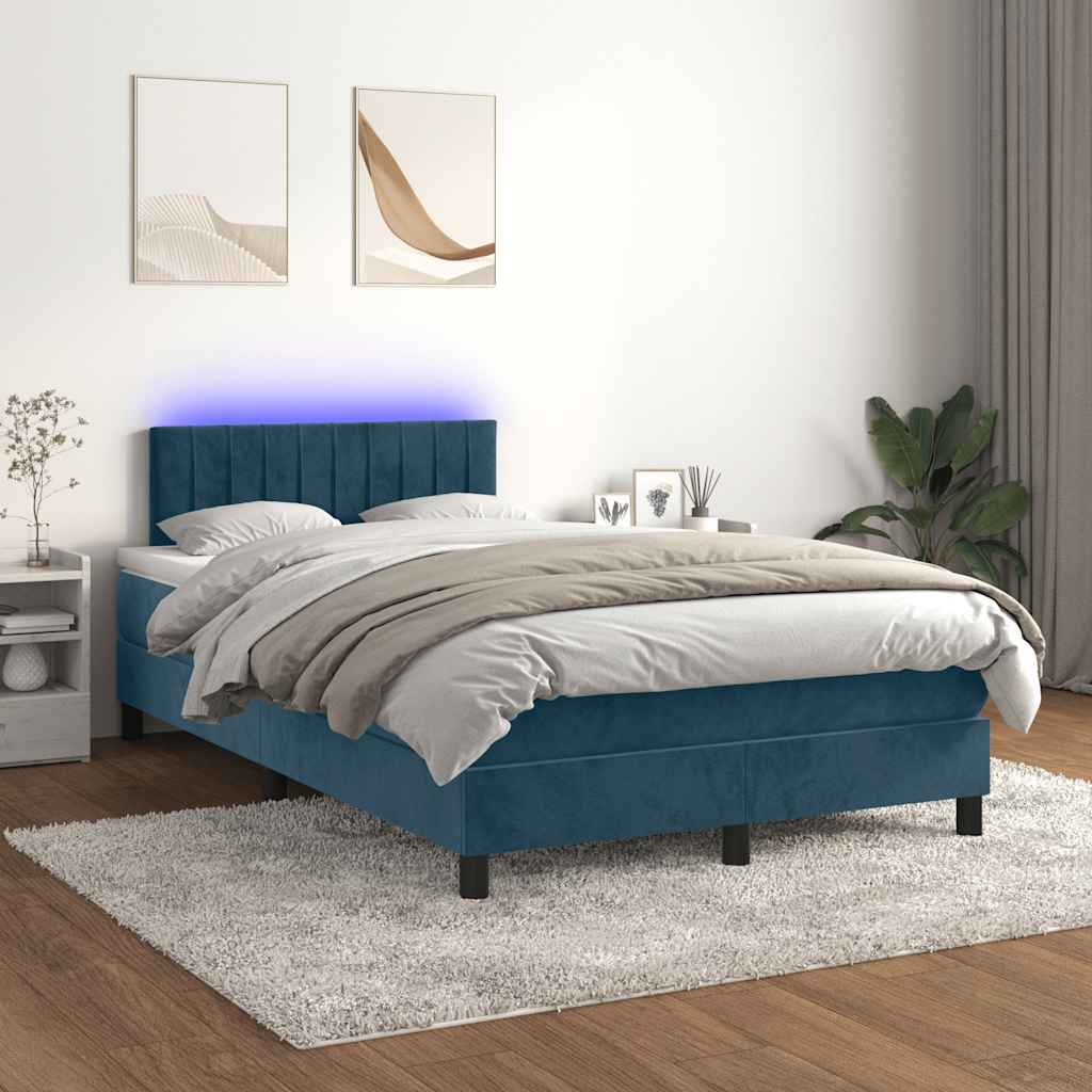 Box Spring Postel S Matrací A Led Tmavě Modrá 120X190 Cm Samet