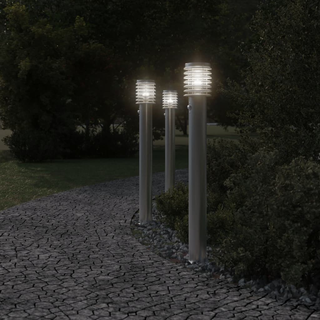 Venkovní Stojací Lampy S Čidly 3 Ks Stříbrné 110 Cm Ocel Stříbrná