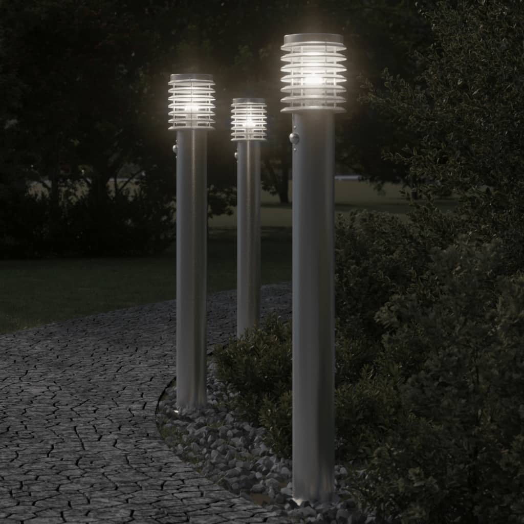 Venkovní Stojací Lampy S Čidly 3 Ks Stříbrné 110 Cm Ocel Stříbrná