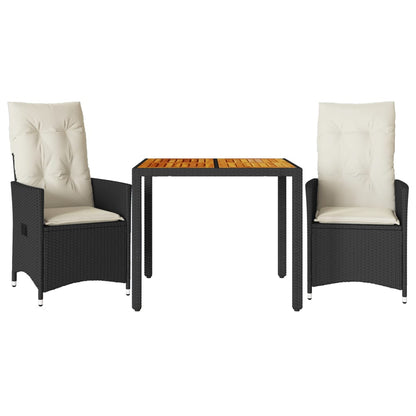 3Dílný Bistro Set S Poduškami Černý Polyratan A Akácie