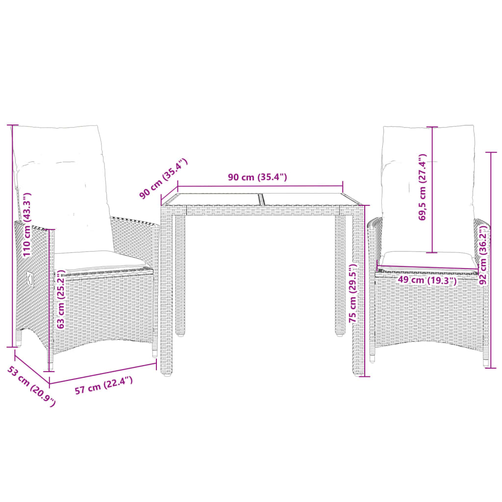 3Dílný Bistro Set S Poduškami Černý Polyratan A Akácie