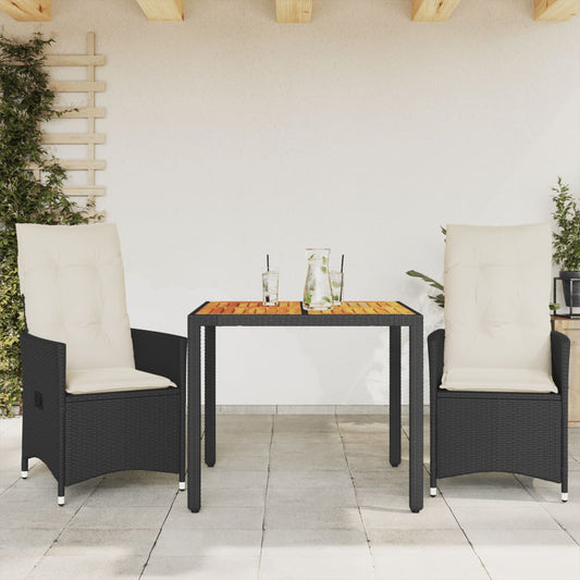 3Dílný Bistro Set S Poduškami Černý Polyratan A Akácie