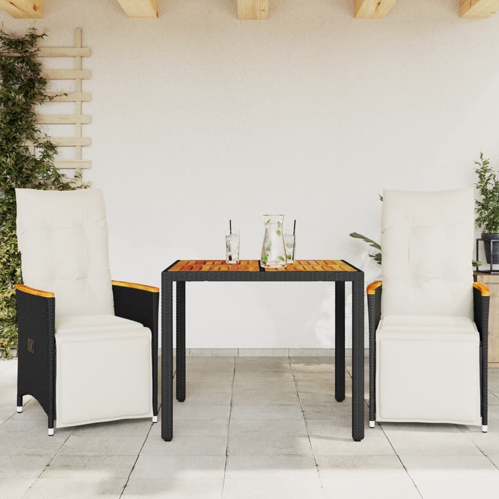 3Dílný Zahradní Bistro Set S Poduškami Černý Polyratan