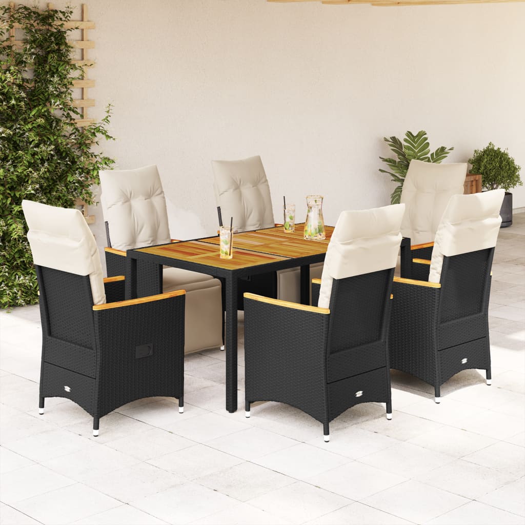 7Dílný Zahradní Bistro Set S Poduškami Černý Polyratan