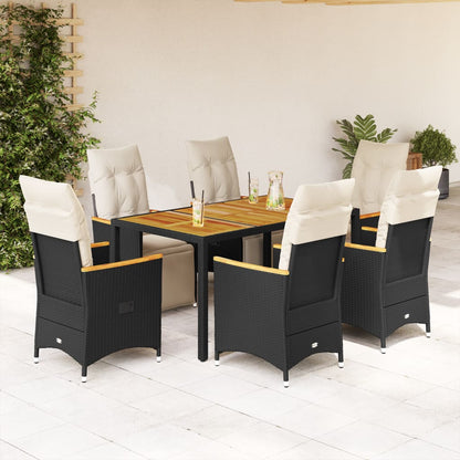 7Dílný Zahradní Bistro Set S Poduškami Černý Polyratan