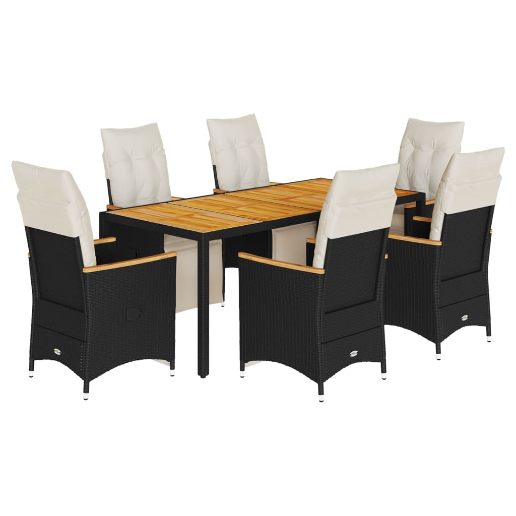 7Dílný Zahradní Bistro Set S Poduškami Černý Polyratan