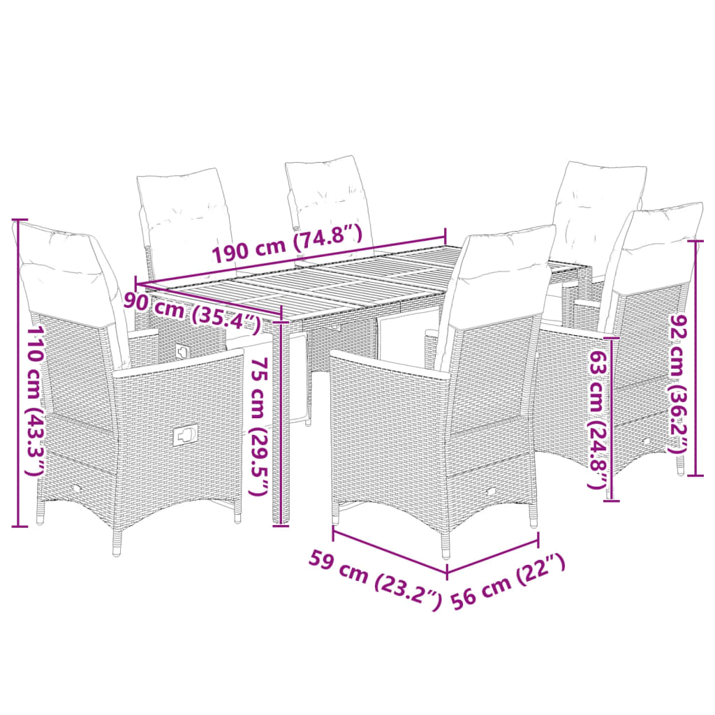 7Dílný Zahradní Bistro Set S Poduškami Černý Polyratan