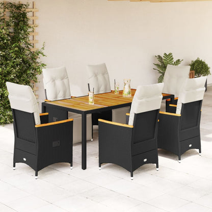 7Dílný Zahradní Bistro Set S Poduškami Černý Polyratan
