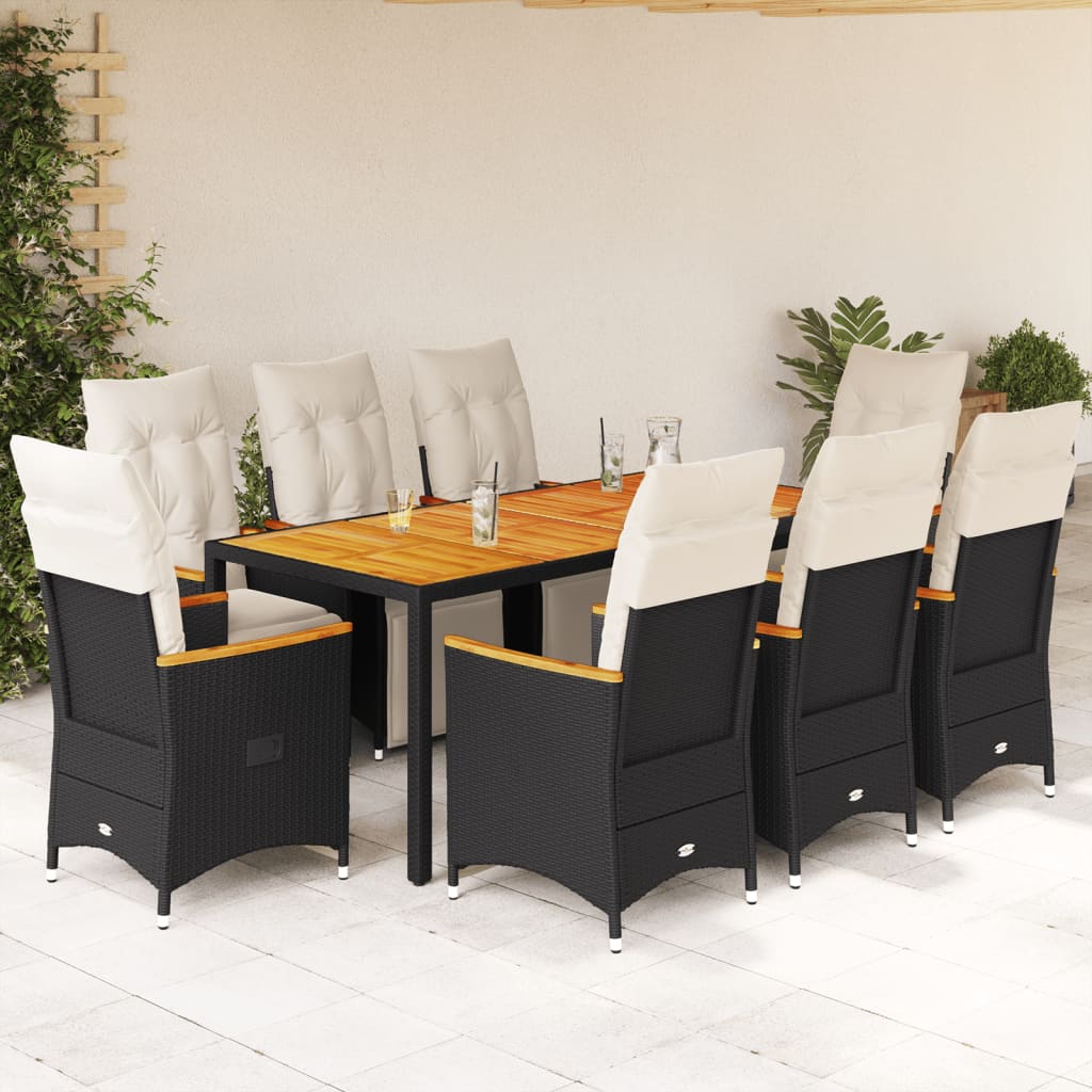 9Dílný Zahradní Bistro Set S Poduškami Černý Polyratan