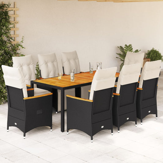 9Dílný Zahradní Bistro Set S Poduškami Černý Polyratan