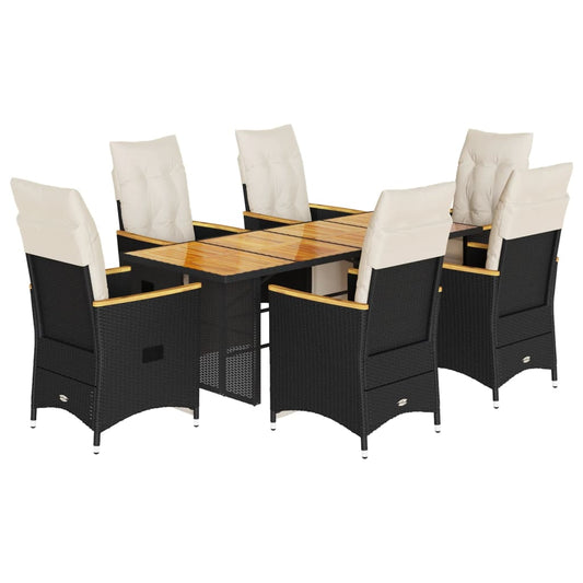 7Dílný Zahradní Bistro Set S Poduškami Černý Polyratan