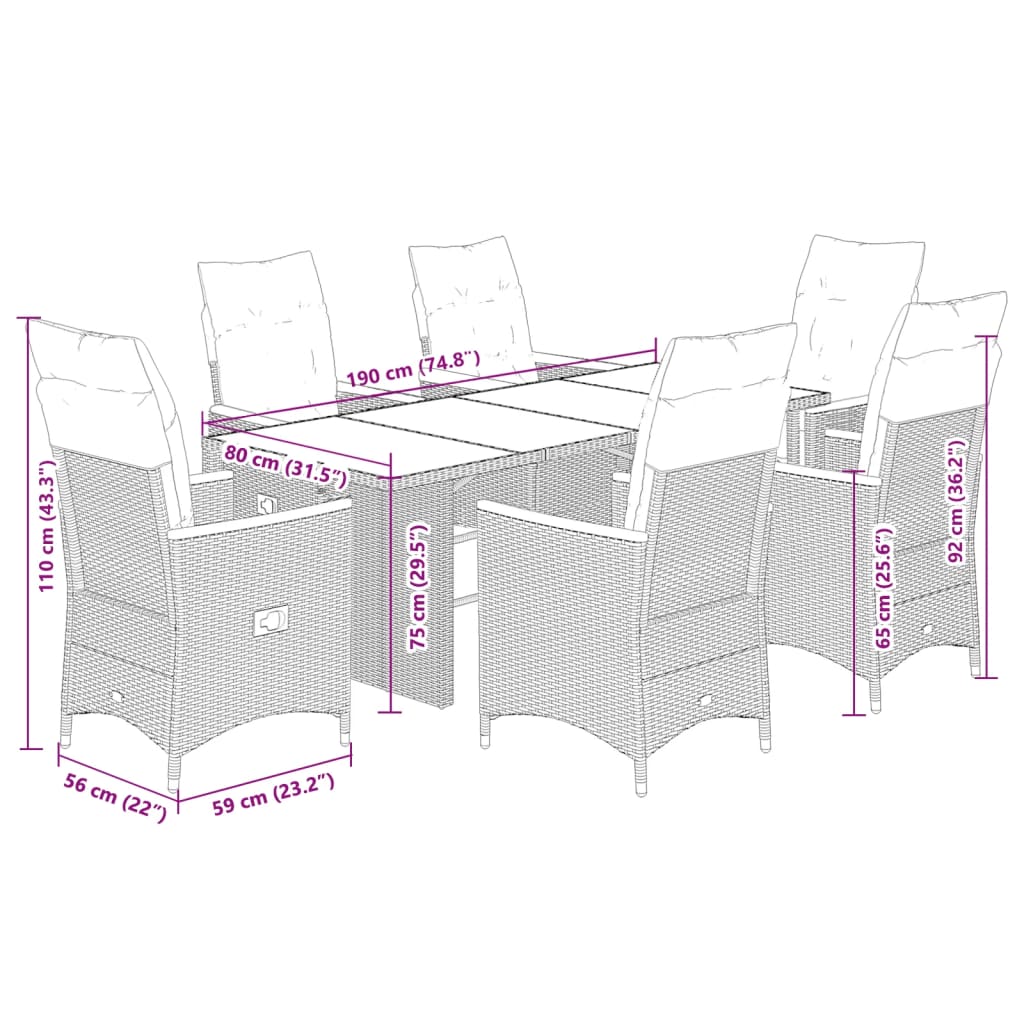 7Dílný Zahradní Bistro Set S Poduškami Černý Polyratan