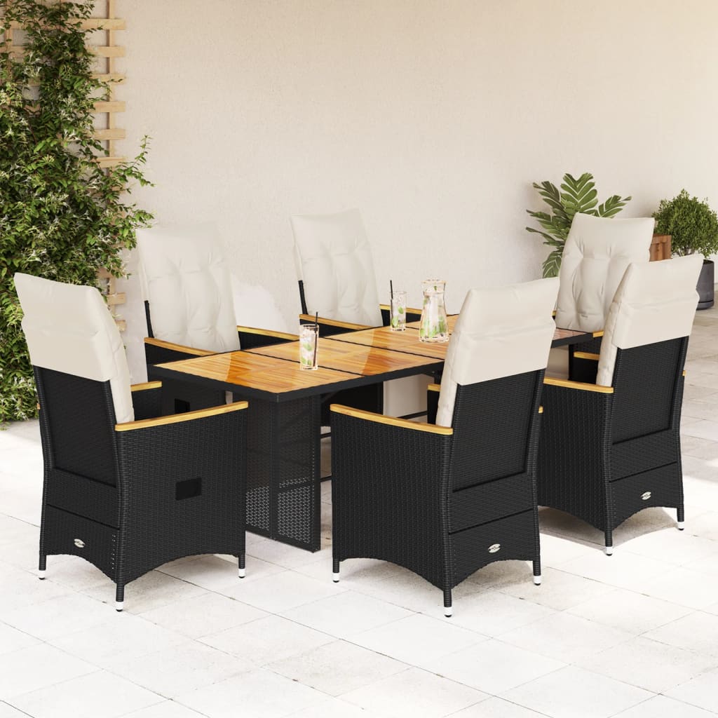 7Dílný Zahradní Bistro Set S Poduškami Černý Polyratan