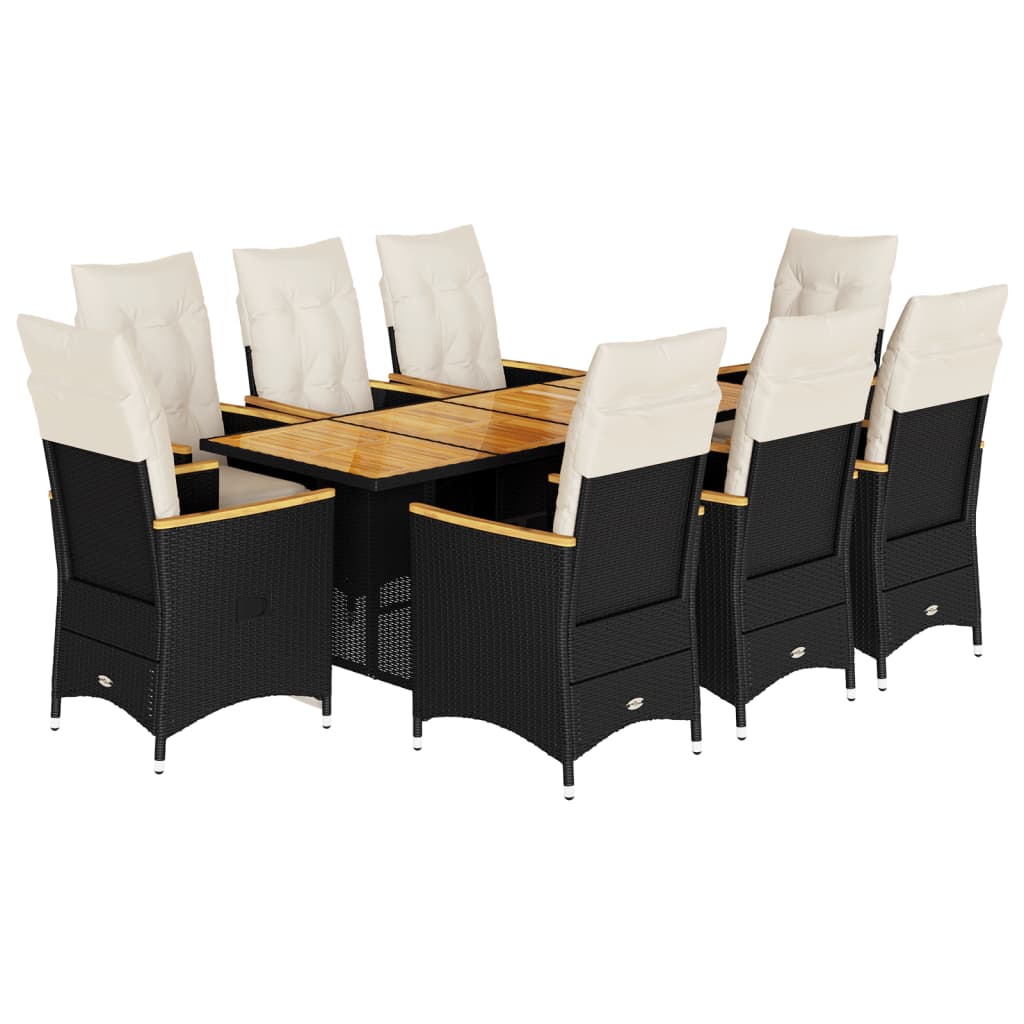 9Dílný Zahradní Bistro Set S Poduškami Černý Polyratan