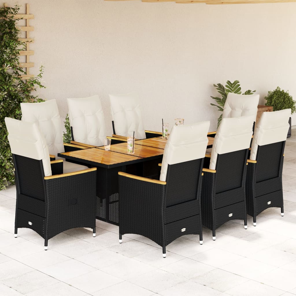 9Dílný Zahradní Bistro Set S Poduškami Černý Polyratan