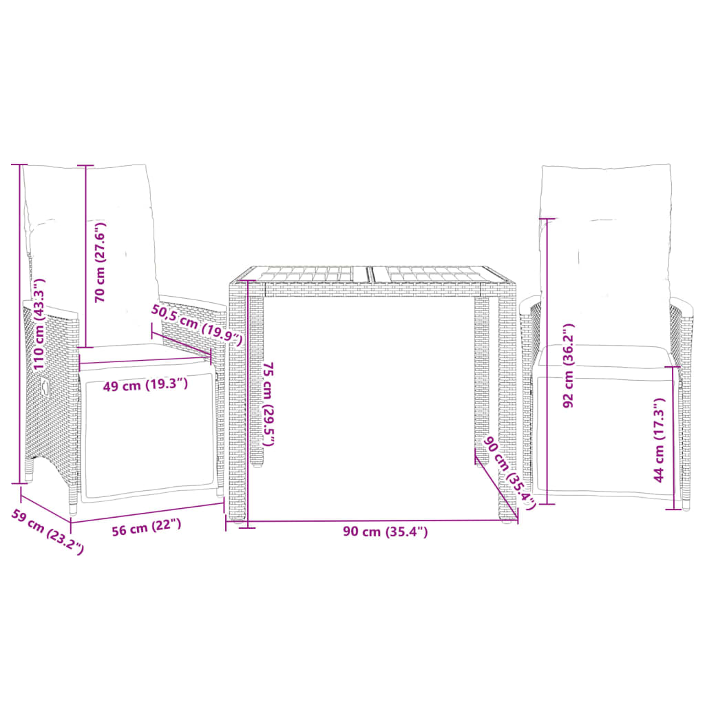 3Dílný Zahradní Bistro Set S Poduškami Šedý Polyratan