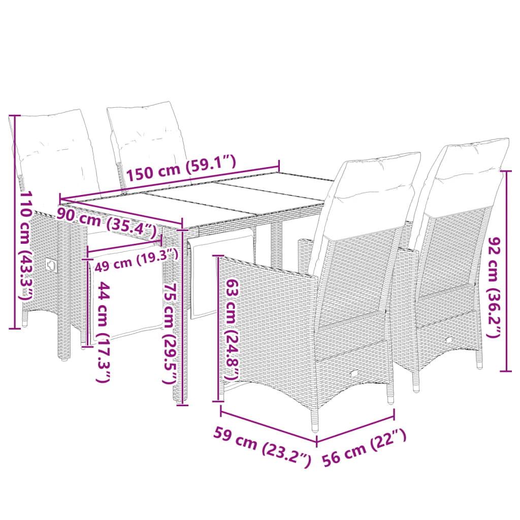 5Dílný Zahradní Bistro Set S Poduškami Šedý Polyratan