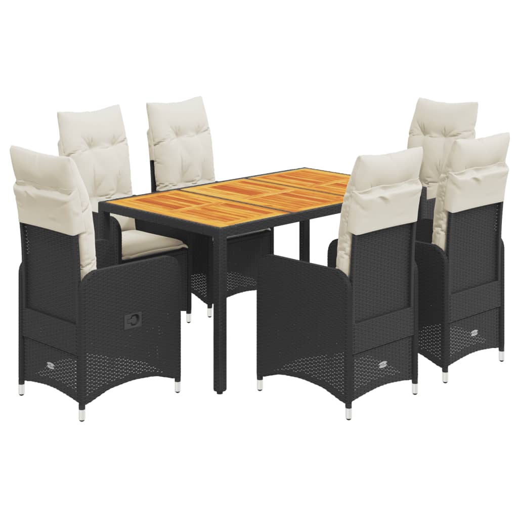 7Dílný Zahradní Bistro Set S Poduškami Černý Polyratan