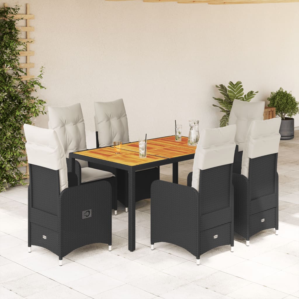7Dílný Zahradní Bistro Set S Poduškami Černý Polyratan