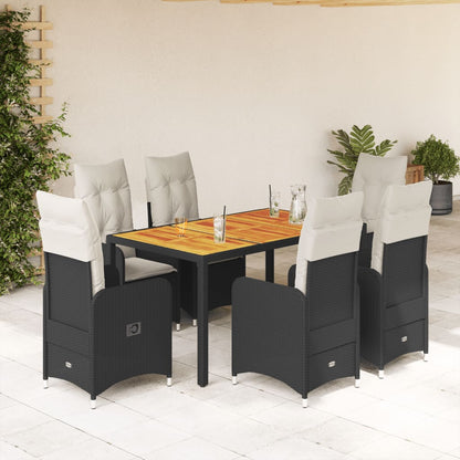 7Dílný Zahradní Bistro Set S Poduškami Černý Polyratan
