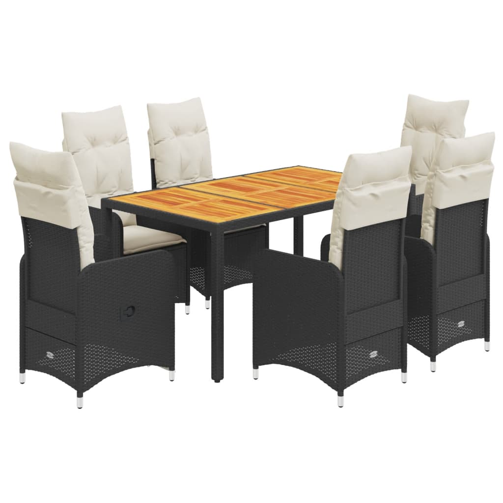 7Dílný Zahradní Bistro Set S Poduškami Černý Polyratan