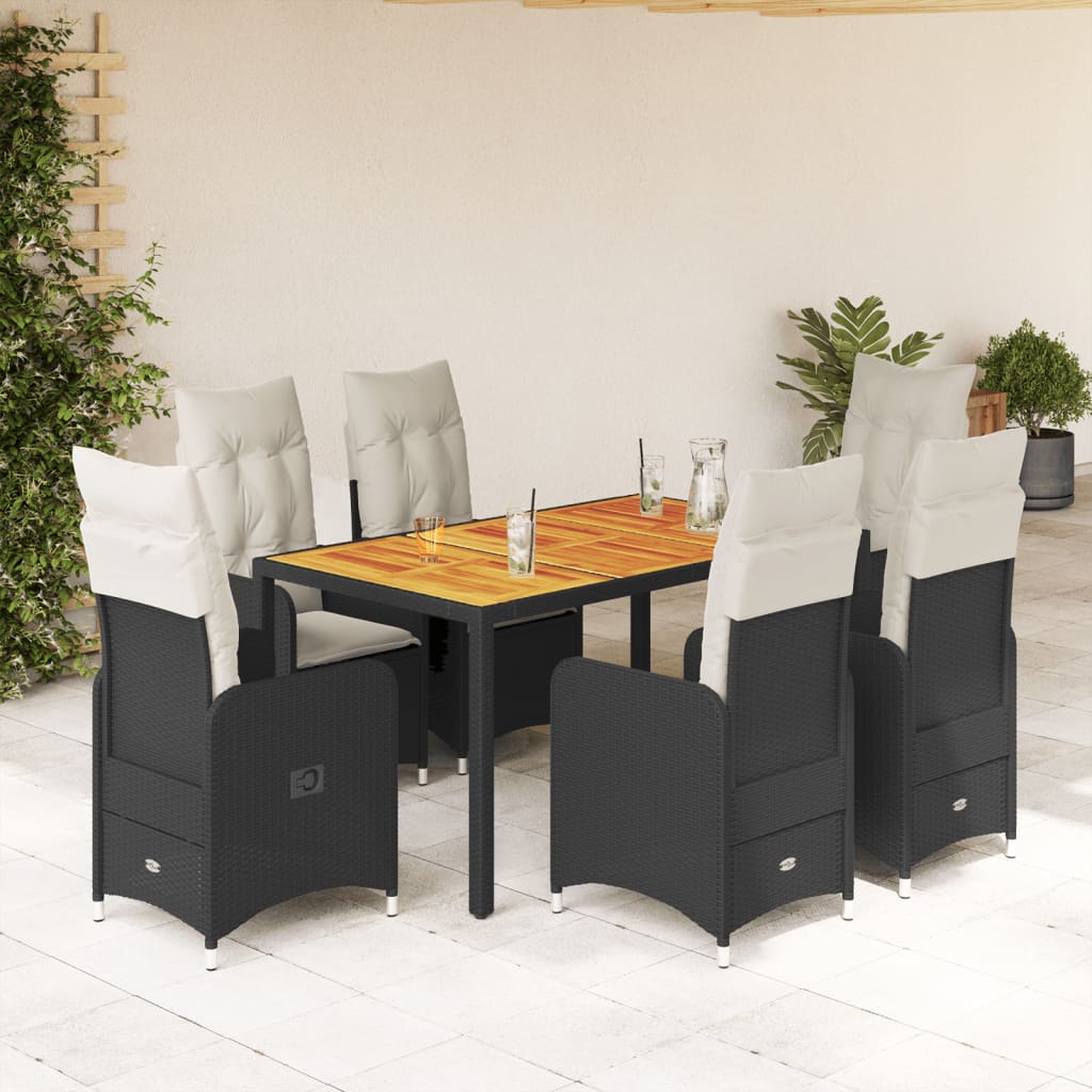 7Dílný Zahradní Bistro Set S Poduškami Černý Polyratan