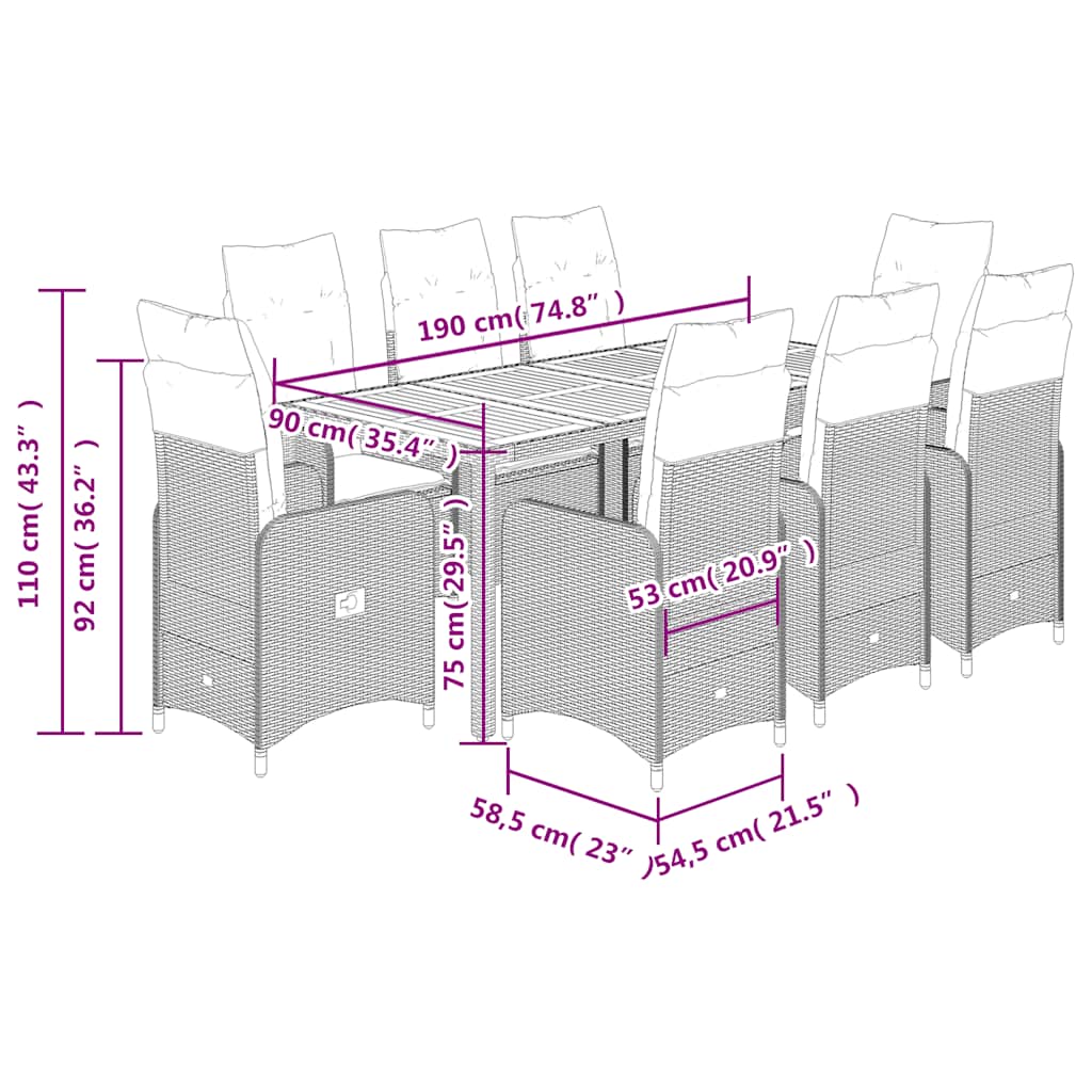 9Dílný Zahradní Bistro Set S Poduškami Šedý Polyratan
