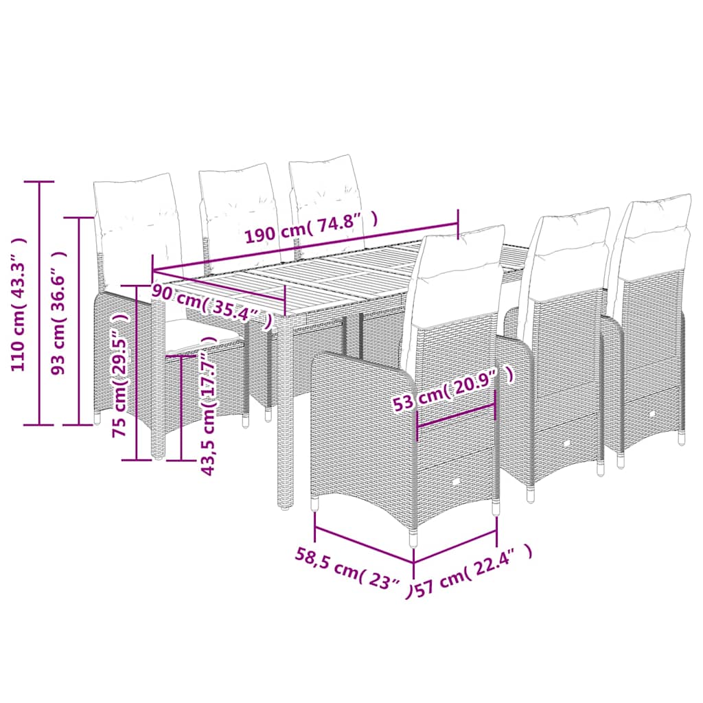 9Dílný Zahradní Bistro Set S Poduškami Šedý Polyratan