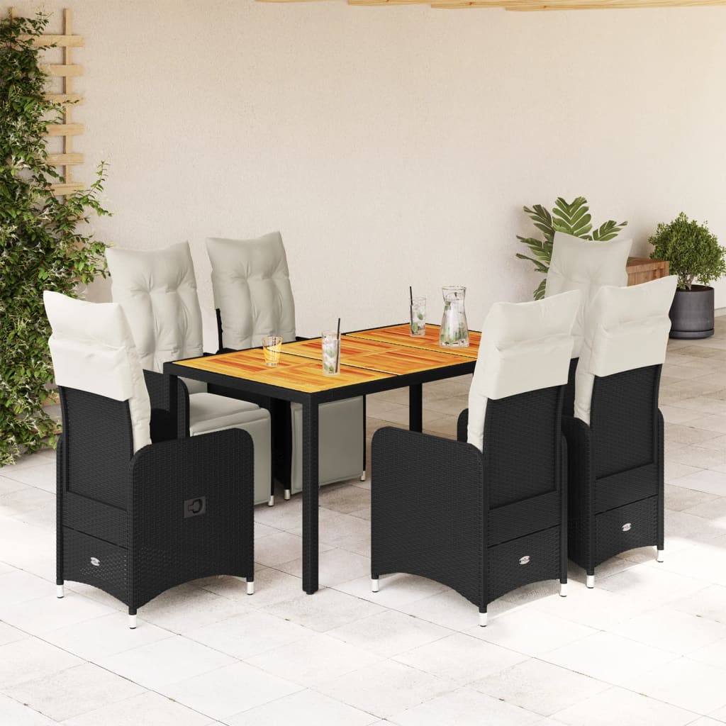7Dílný Zahradní Bistro Set S Poduškami Černý Polyratan