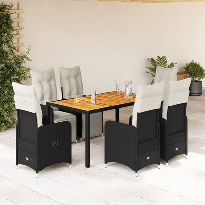 7Dílný Zahradní Bistro Set S Poduškami Černý Polyratan
