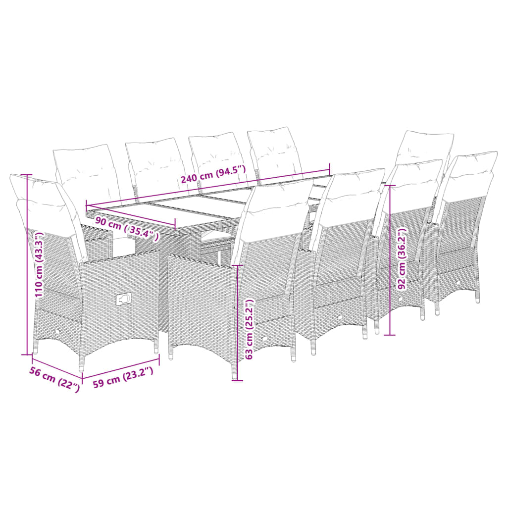 11Dílný Zahradní Bistro Set S Poduškami Černý Polyratan