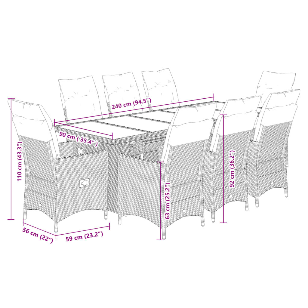 9Dílný Zahradní Bistro Set S Poduškami Šedý Polyratan