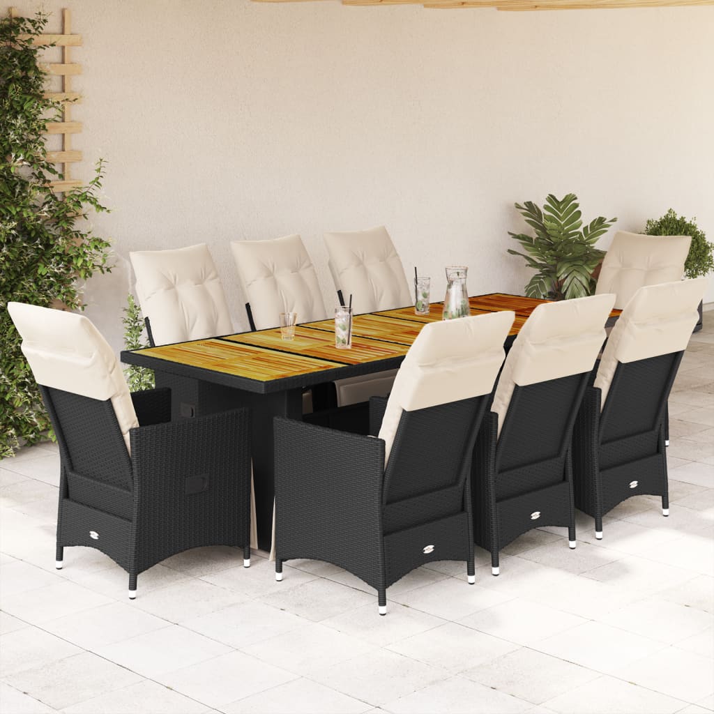 9Dílný Zahradní Bistro Set S Poduškami Černý Polyratan