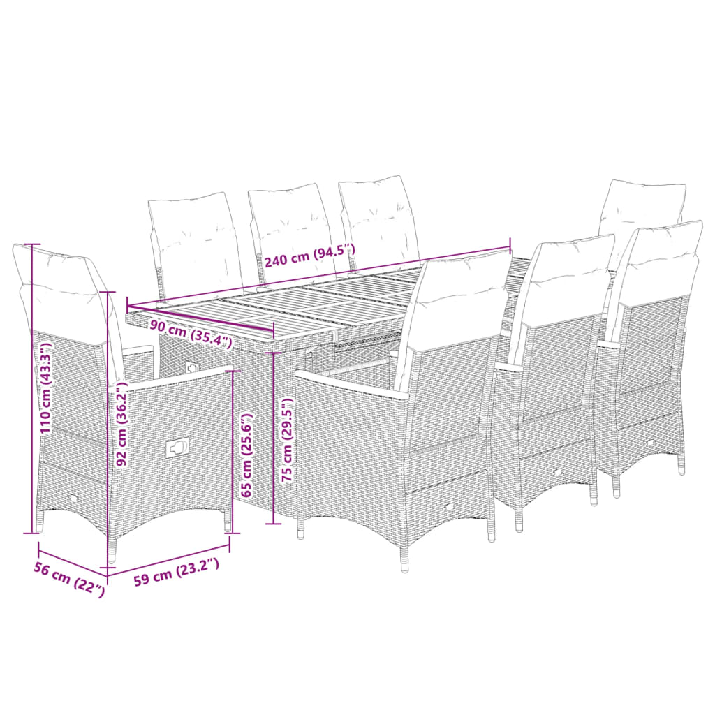 9Dílný Zahradní Bistro Set S Poduškami Černý Polyratan