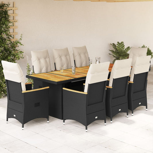 9Dílný Zahradní Bistro Set S Poduškami Černý Polyratan