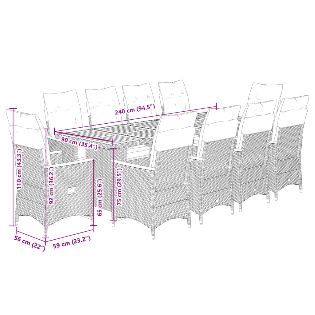 11Dílný Zahradní Bistro Set S Poduškami Černý Polyratan