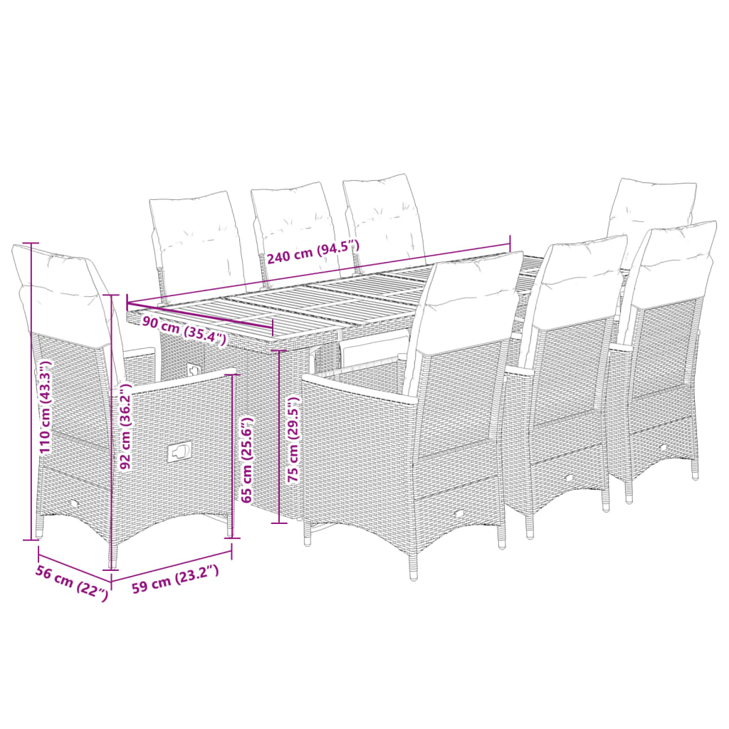 9Dílný Zahradní Bistro Set S Poduškami Šedý Polyratan