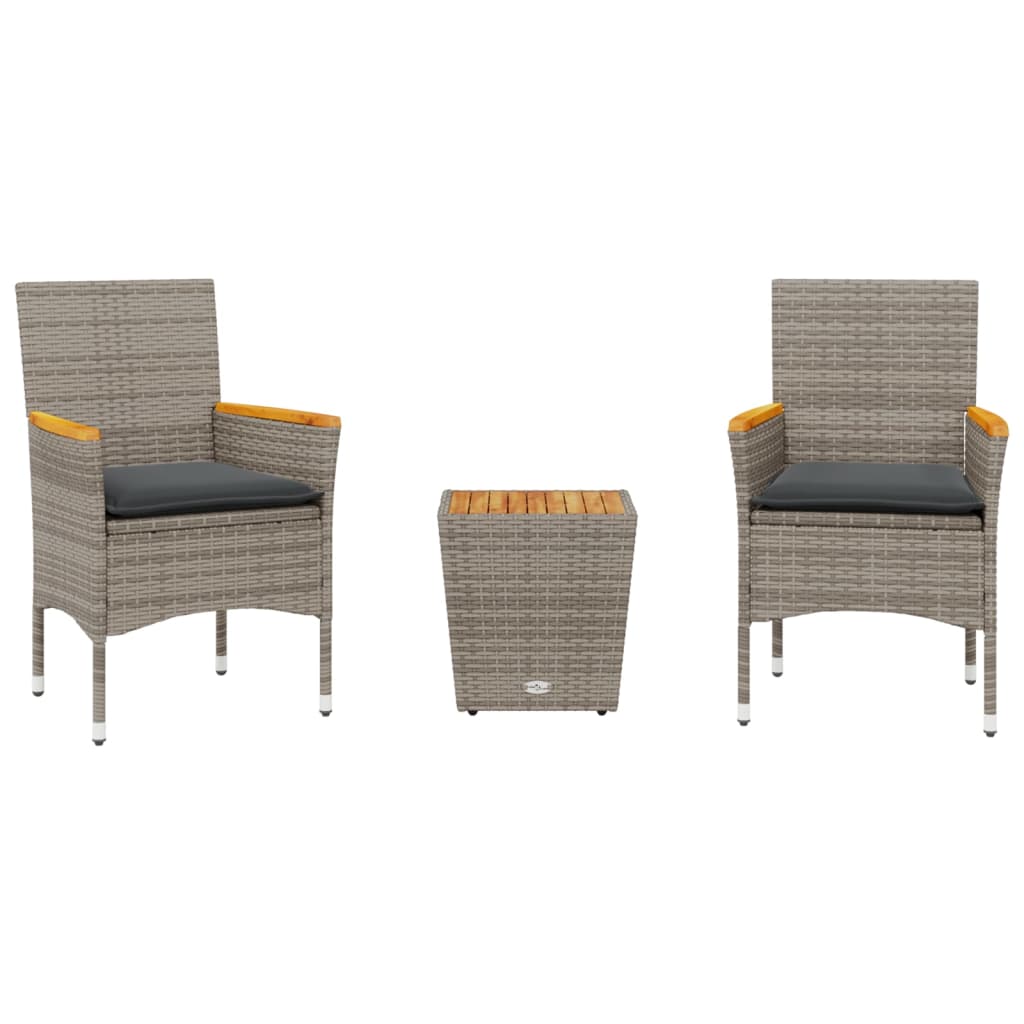 3Dílný Bistro Set S Poduškami Šedý Polyratan A Sklo