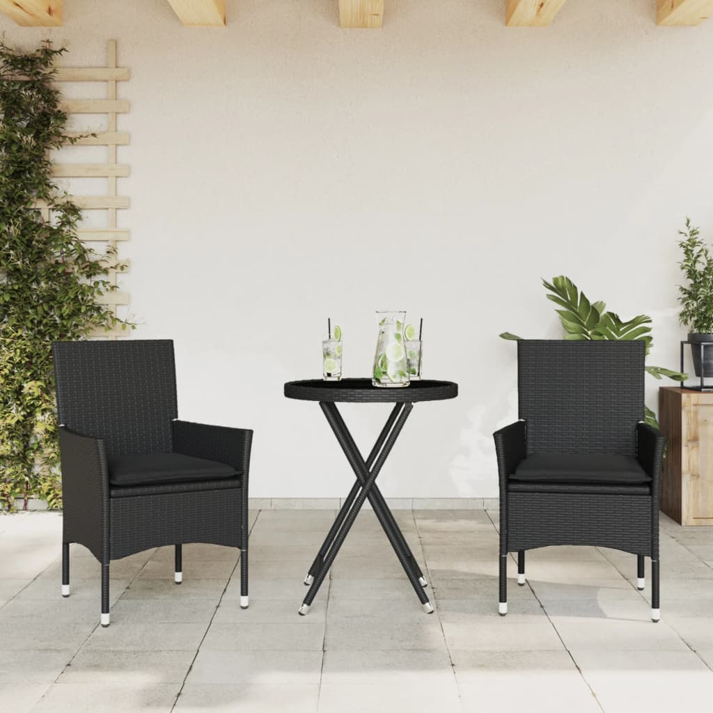 3Dílný Bistro Set S Poduškami Černý Polyratan A Sklo