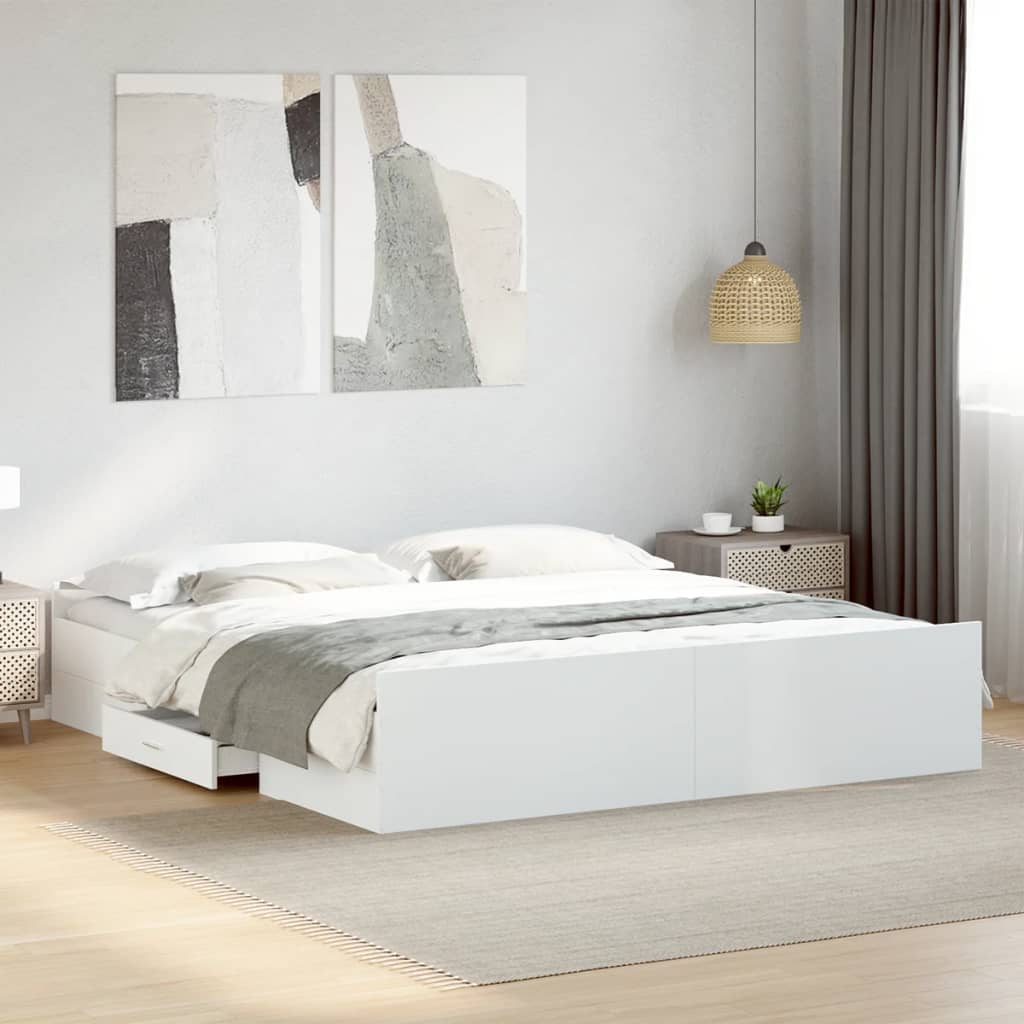 Rám Postele Se Zásuvkami Bílý 200 X 200 Cm Kompozitní Dřevo