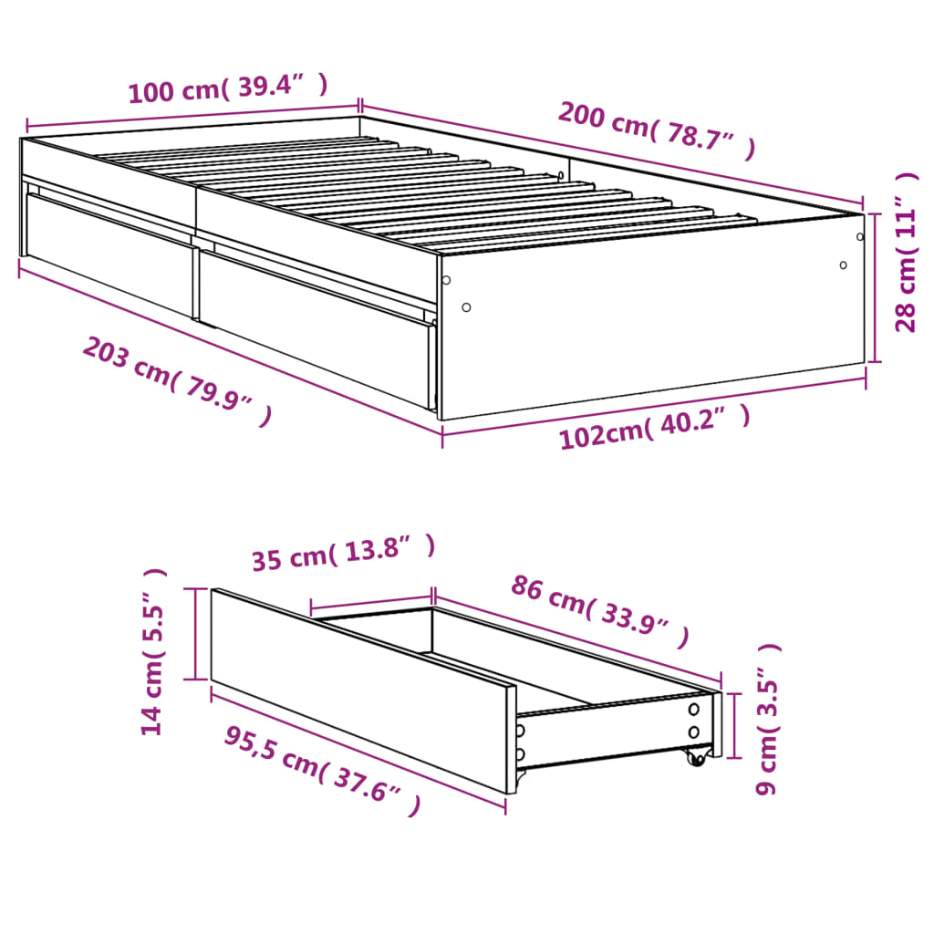 Rám Postele Se Zásuvkami Bílý 100 X 200 Cm Kompozitní Dřevo