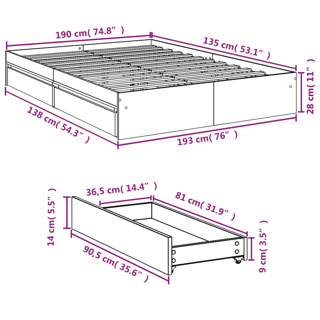 Rám Postele Se Zásuvkami Betonově Šedý 135 X 190 Cm Kompozit