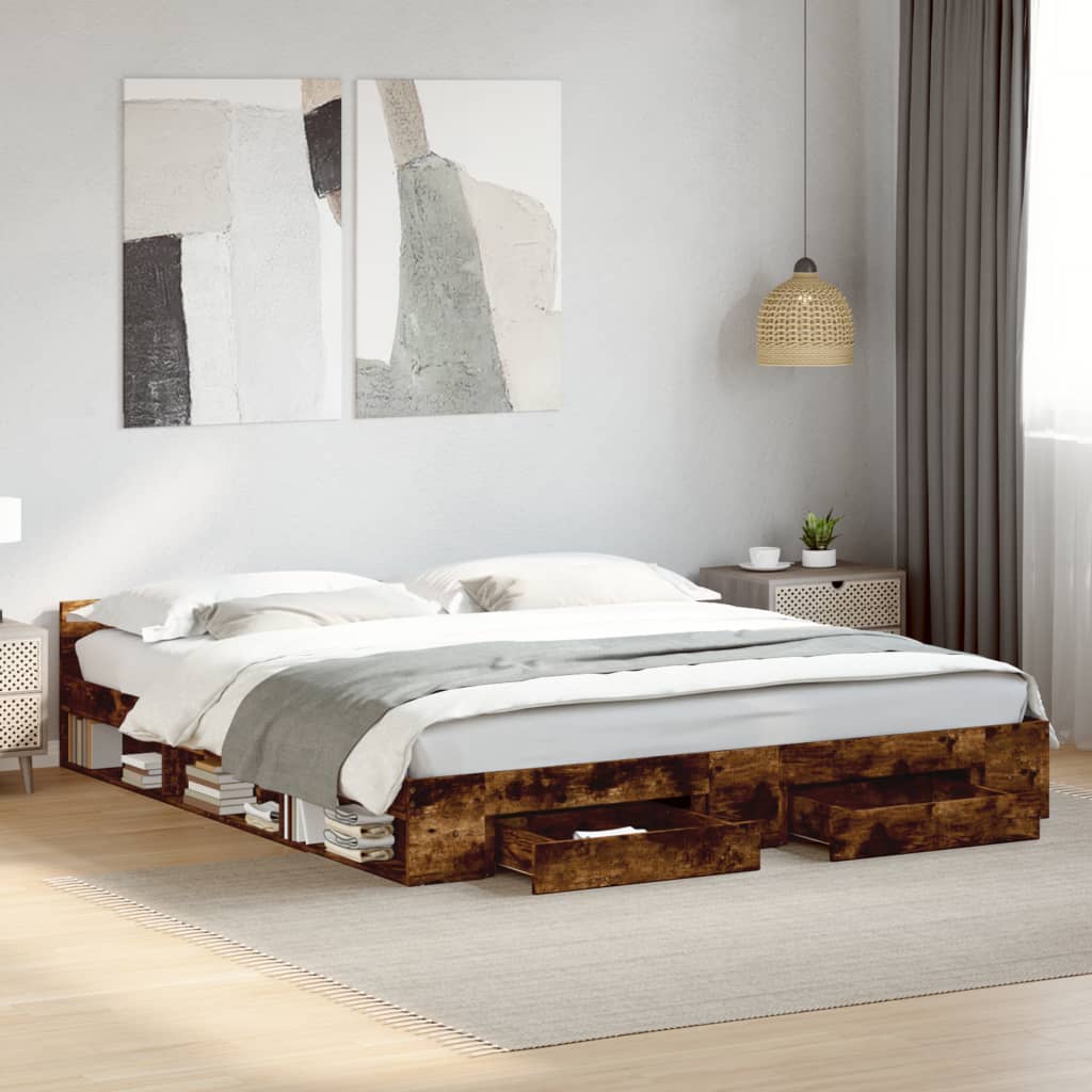 Rám Postele Se Zásuvkami Kouřový Dub 200 X 200 Cm Kompozit