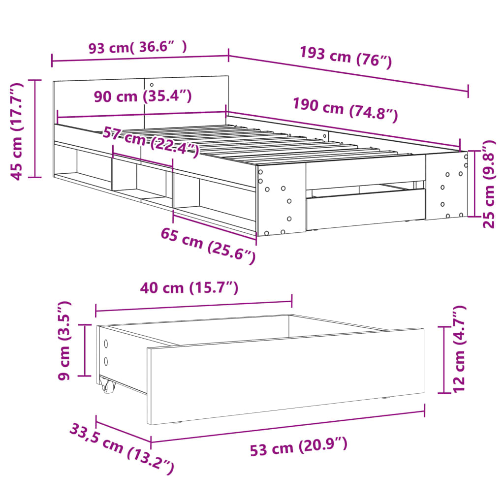 Rám Postele Se Zásuvkou Betonově Šedý 90X190Cm Kompozitní Dřevo